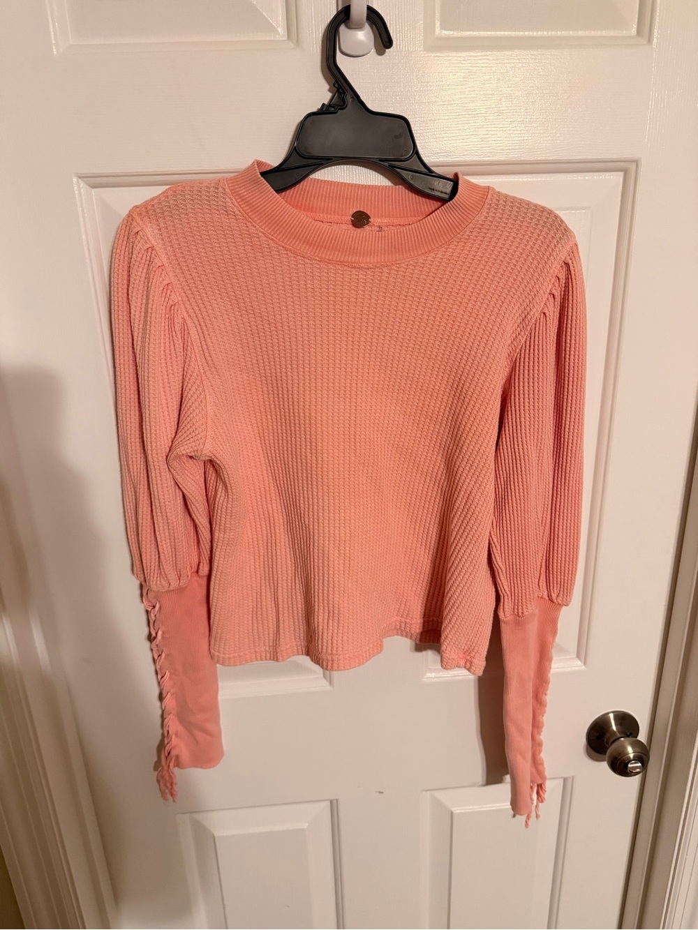 Free People FP ONE Pink Waffle Knit Thermal Lace Up Cuff Sleeve Top